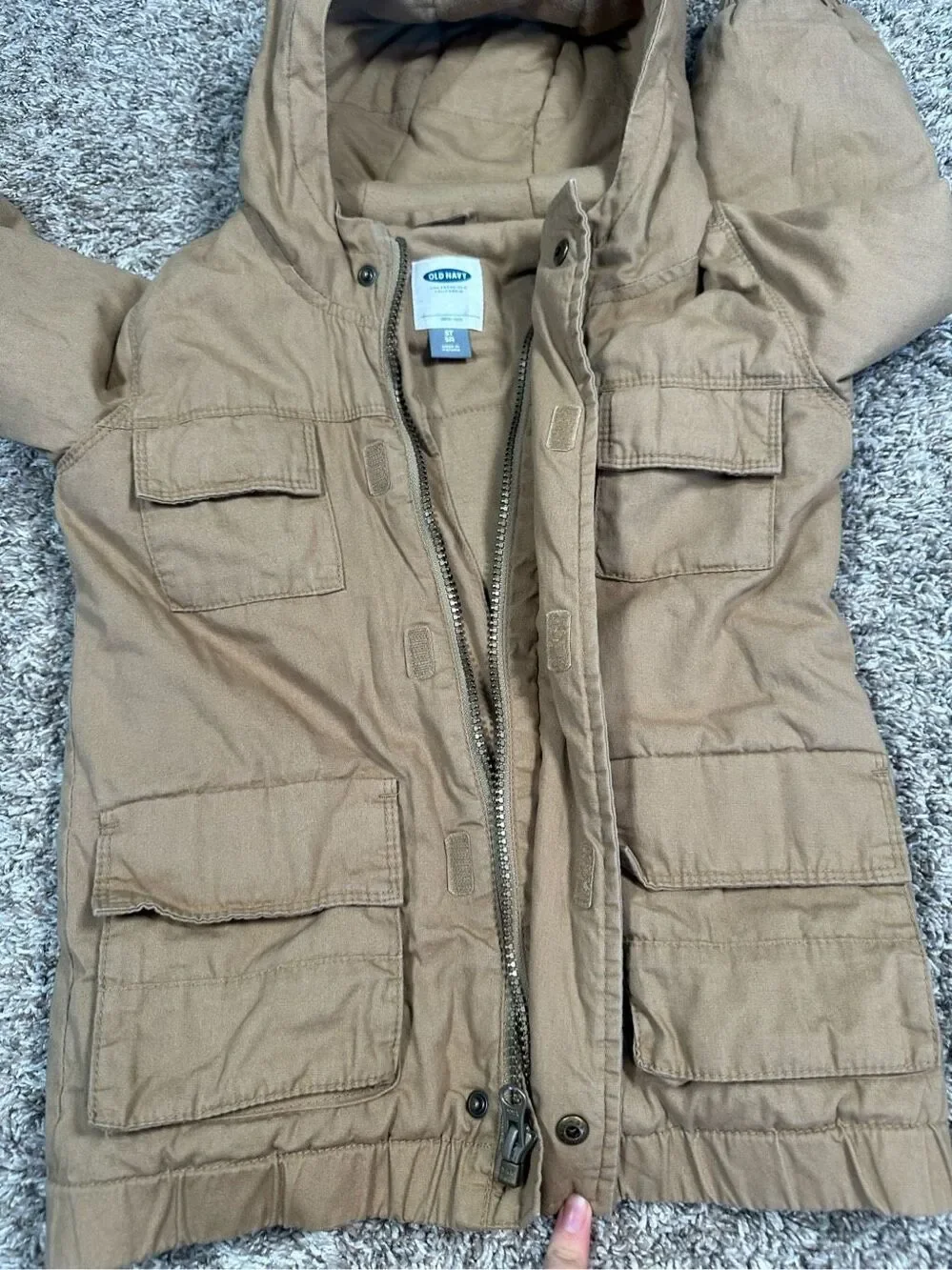 old navy toddler boys 5T Hooded Utility Jacket tan brown coat quilted lined